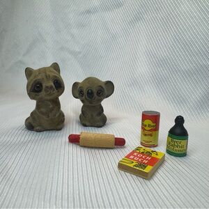 Josef Originals Raccoon & Koala Bear with vintage dollhouse miniature food items